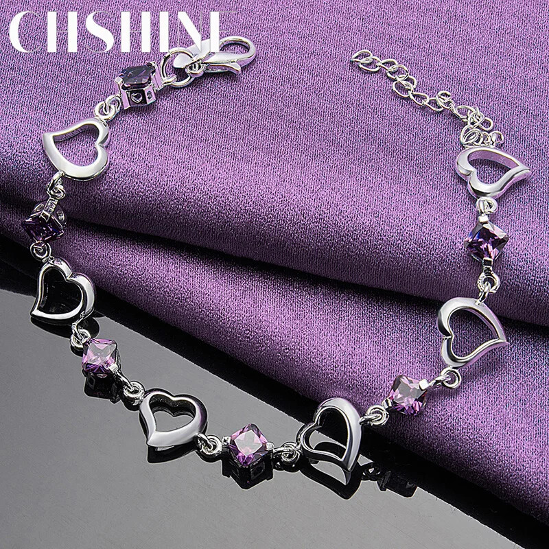 CHSHINE 925 Sterling Silver Heart Purple Zircon Chain Bracelet Charm Jewelry