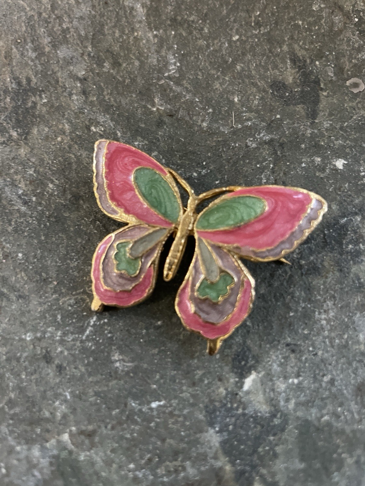 Vintage Cloisonne Enamel Butterfly Brooch Pink Green Gold Tone Statement Pin