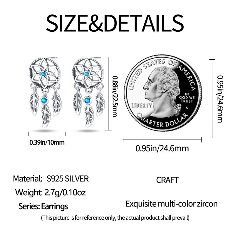 PANDACH 925 Sterling Silver Dream Catcher wIth Feathers Stud Earrings For Womens