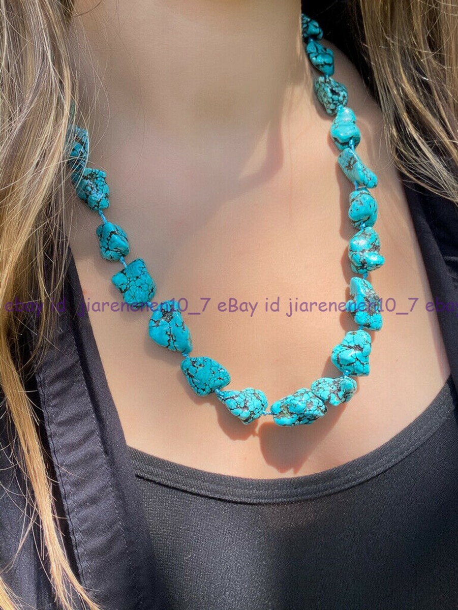 100% Natural 10x15mm Blue Turquoise Gemstone Beads Knotted Necklace 16-36in