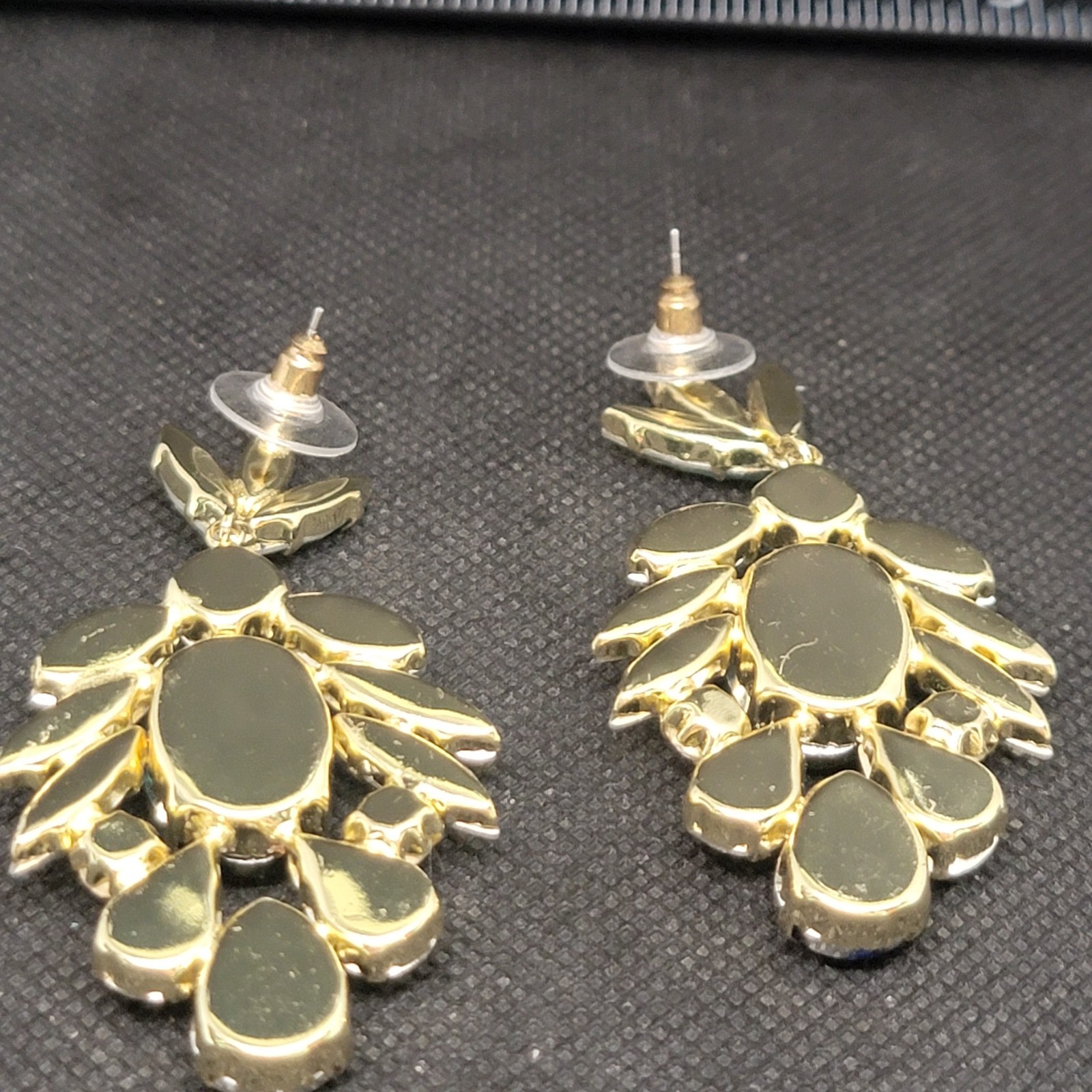 Pierced Dangle Drop Earrings Green Blue Rhinestone Gold Tone Floral