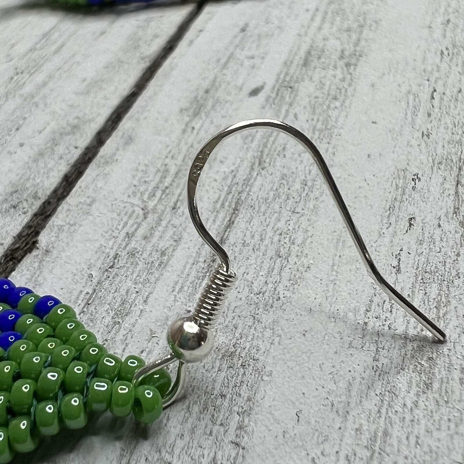 Mini Seed Beaded Earrings 2.25 inches Long Handmade Jewelry Blue Green