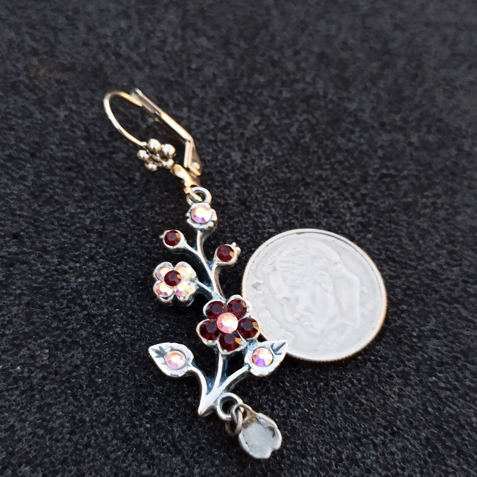 Michal Negrin Earrings Silver Aurora Borealis Red Crystals Long Flower Branch
