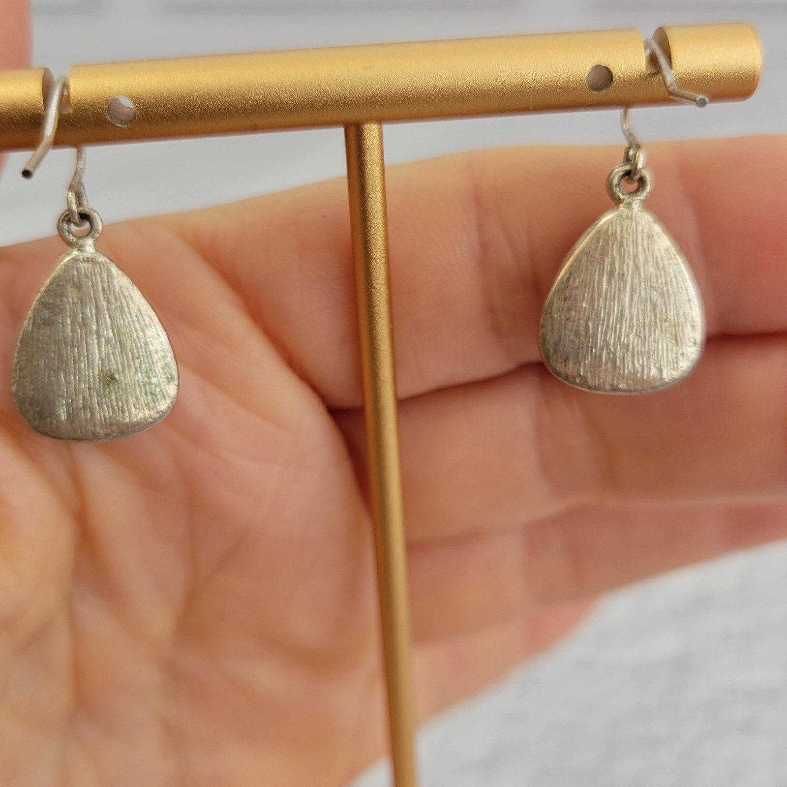 Pink Agate Teardrop Drop Earrings Silver Tone Textured Back Hook Wire 1 Inch