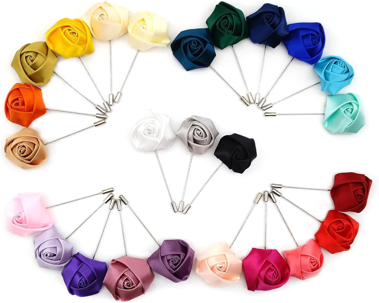 25Pcs Men’s Lapel Pins Satin Flower Boutonniere Pin Rose Flower Brooch fro Suits