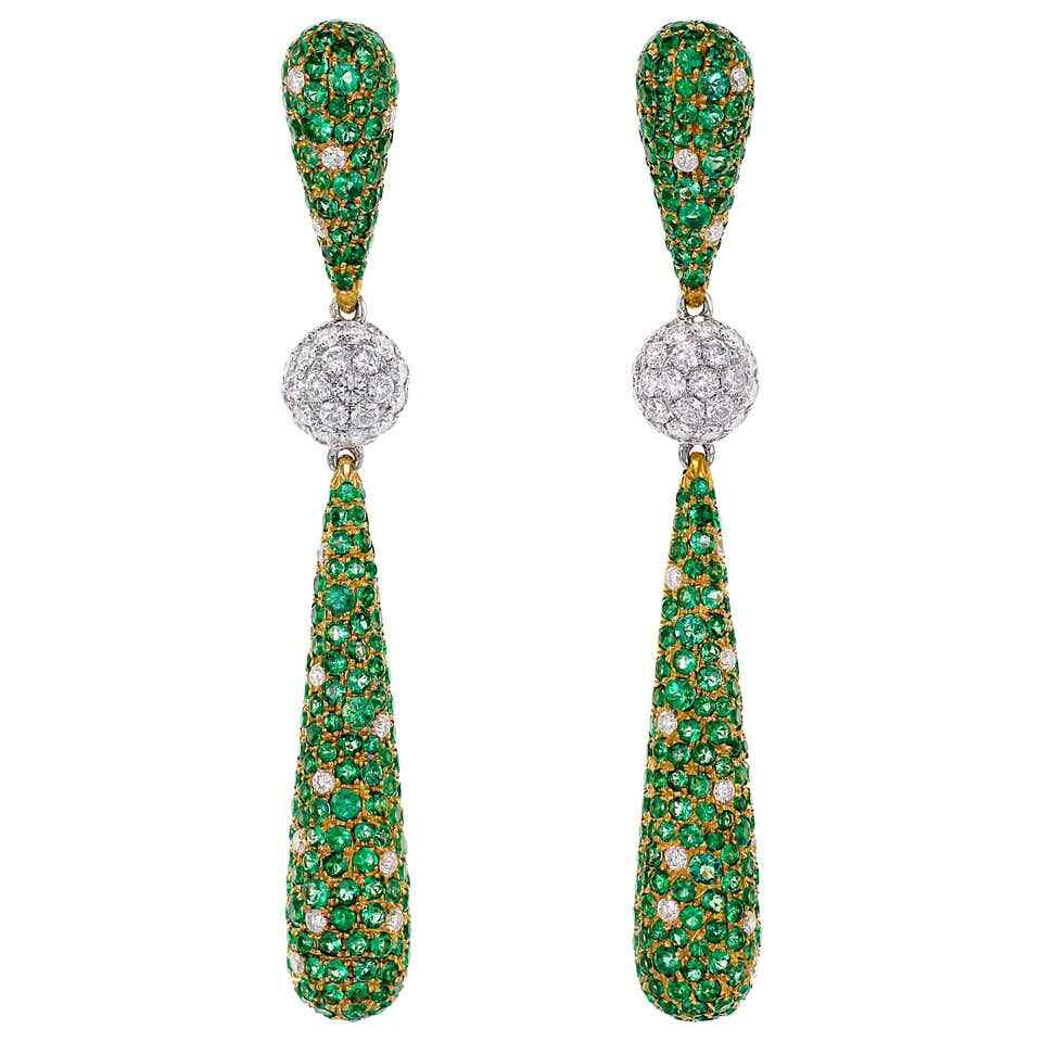 Colombian Green Emerald & Brilliant Cut White CZ 5.80 CT Dangle Cocktail Earring