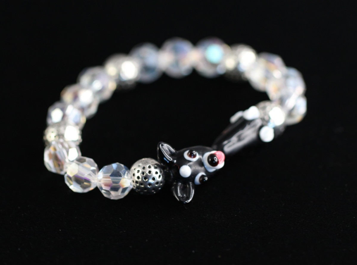 Dog Bracelet Black Lampwork 6.5″ inch Elastic Glass Beads 10mm Faceted Crystal