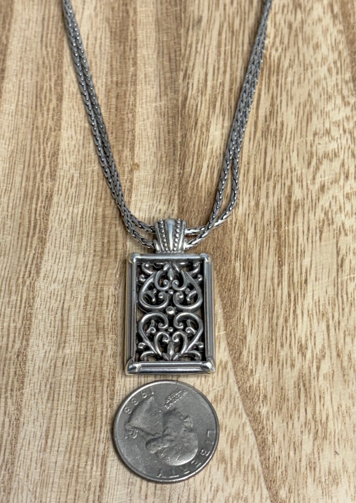 BRIGHTON Berkley Scroll Silver Pendant w/Long Necklace 24″/26″ Perfect!