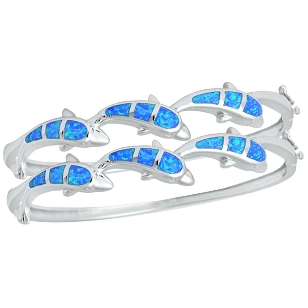 Blue Opal Cute Dolphin Cuff Bangles 925 Sterling Sliver Jewelry For Women Girl