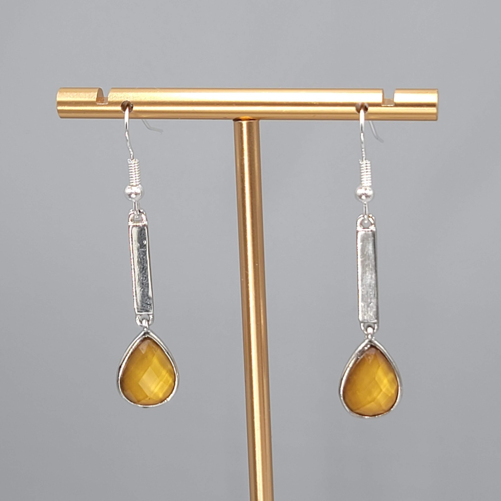 Faceted Yellow Teardrop Pierced Earrings Silver tone Dangle 2 3/8 in