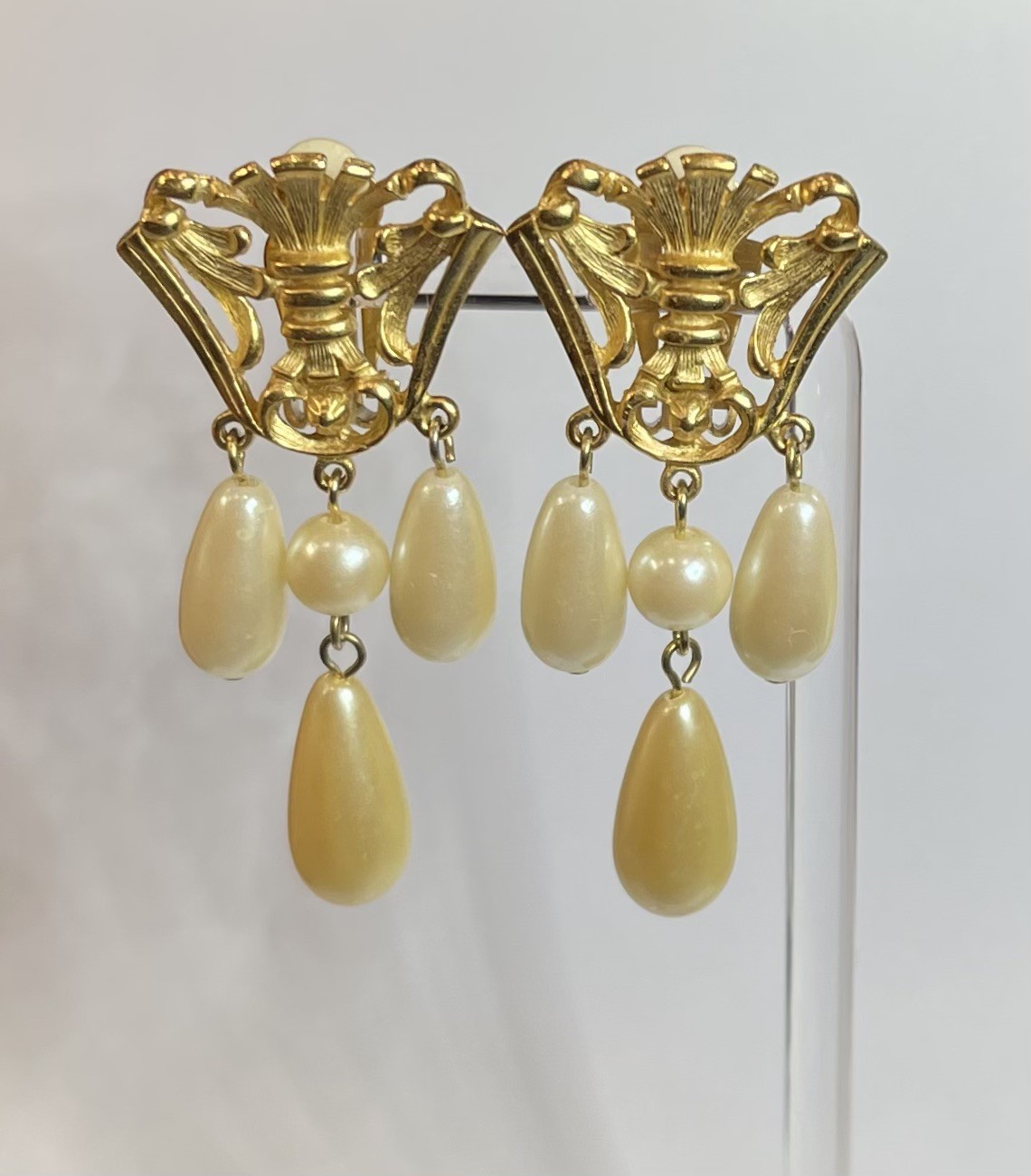 Vintage AVON Gold-tone Crest Victorian Revival Faux Pearl Drop Dangle Earrings