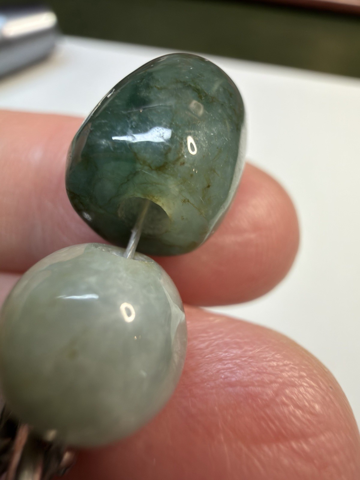 Vintage Natural Green Nephrite Jade & Agate Barrel Bead Toggle Bracelet 19.5cm