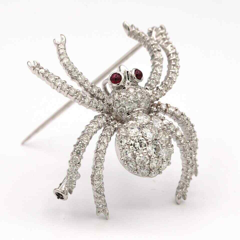 Sparkly Spider Brooch With White Round Brilliant White CZ & 2 Small Rubies Eyes