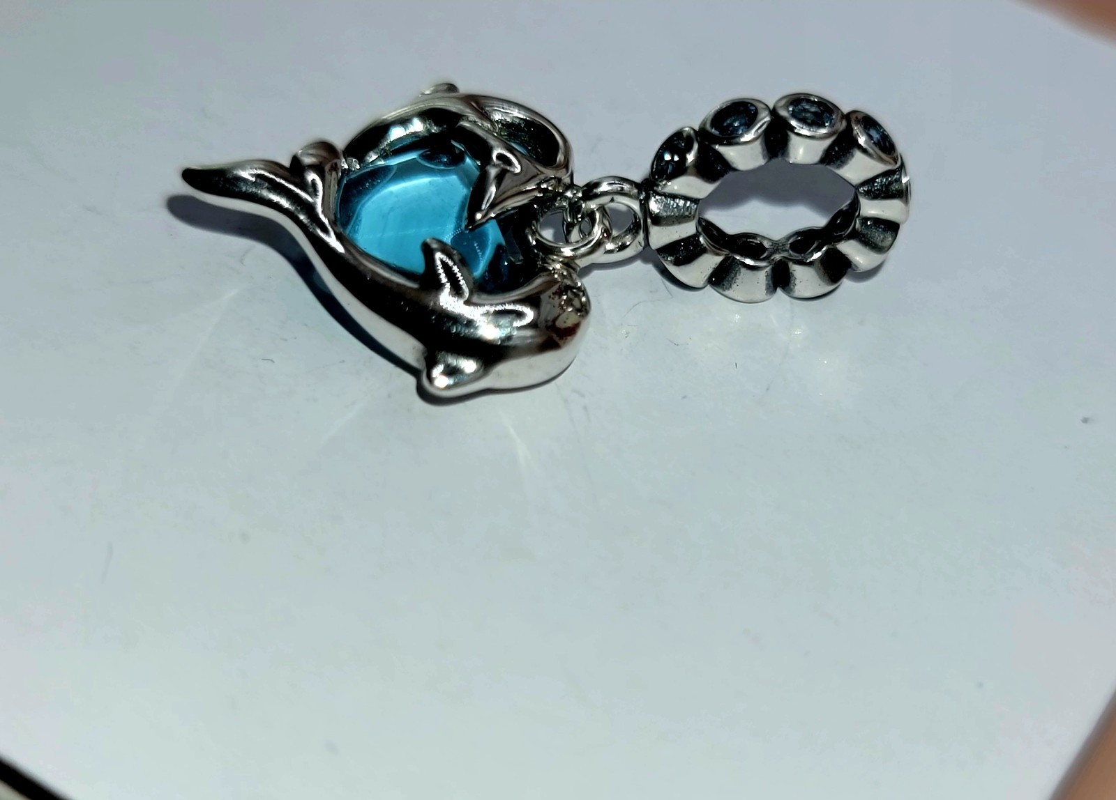 New Pandora Blue Murano Glass Dolphins Dangle Charm 925 # 793924C01 w/ Box E48