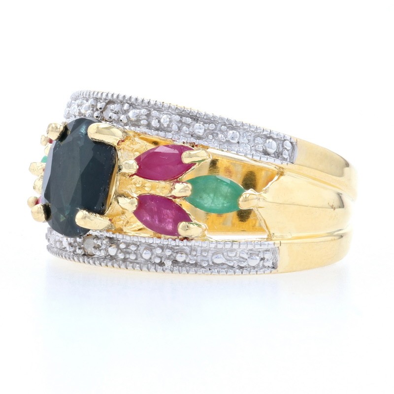 Silver Sapphire Ruby Emerald Diamond Floral Ring 925 Gold Plated 2.46ctw Sz 10