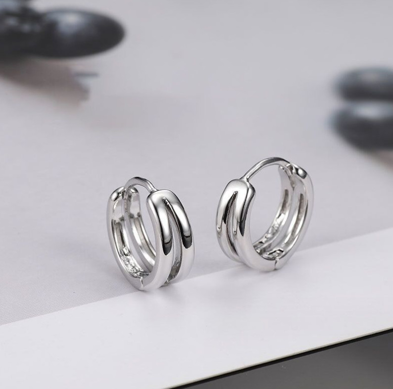 Women Men Sterling Silver Plated Double Lines Huggie Hoop Earrings 15mm G3