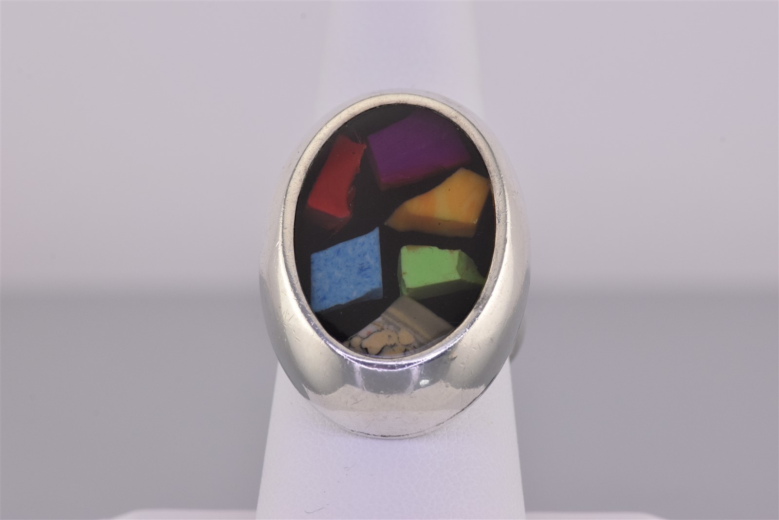 ATI Sterling Silver 30mm Oval Imbedded Mix Gemstone Band Ring 15g Mex 925 Sz: 8