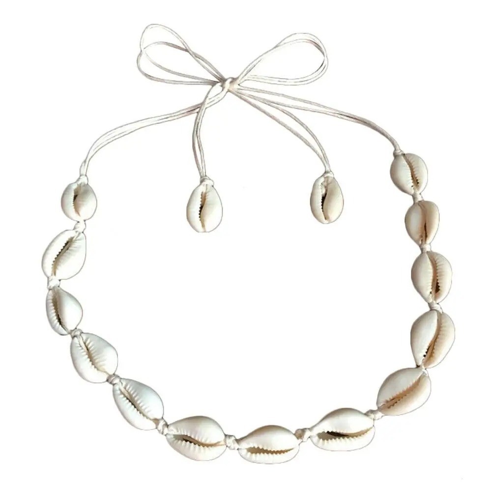 Cowrie Shell Choker Boho White String Necklace Surfer Beach Conch Puka, Hawaiian