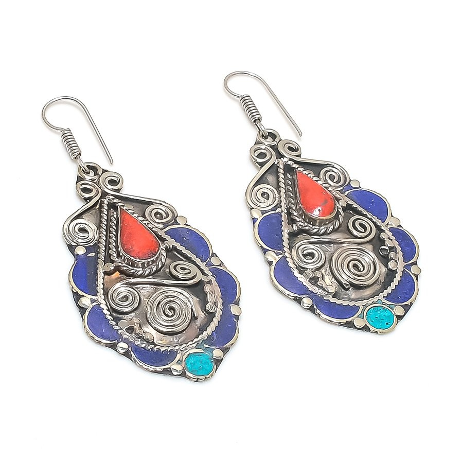 Red Coral Lapis lazuli Turquoise Earring Tibetan Boho Nepali Jewelry 2.3″ NE 238