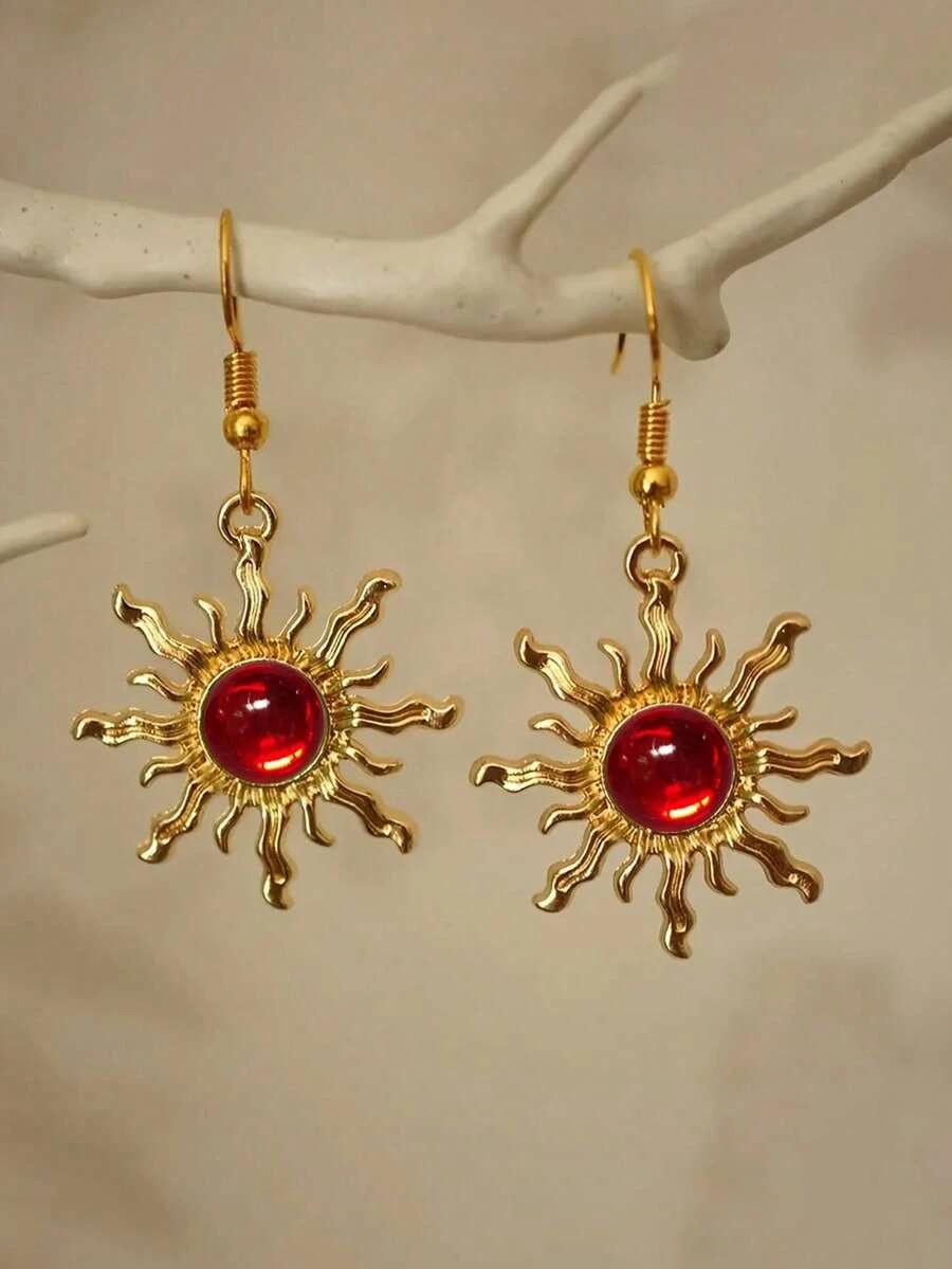 1 pair Boho Sunflower Jade Earrings Gold Plated Baroque Dangle Women