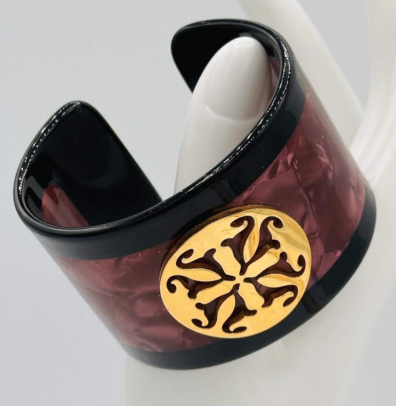 Rustic Cuff Plum Marbled Lucite Wide Open Cuff Bracelet Gold Medallion Statement