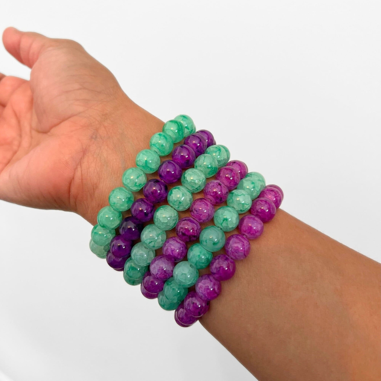 Set of 6 Bracelets Glass Beads Bracelet Green Bead Bracelet Purple Bead Bracelet
