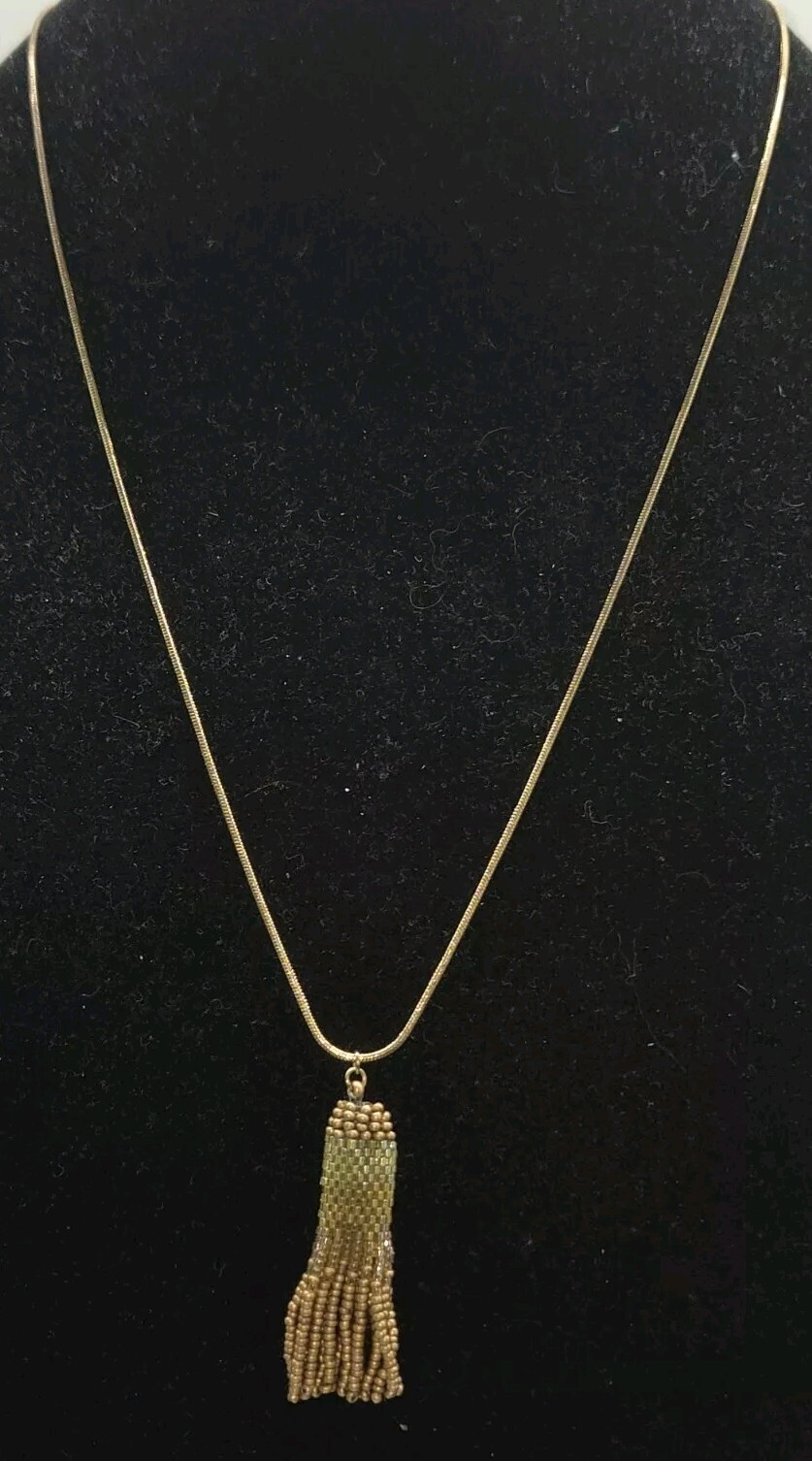 Artisan Made Necklace Seed Bead Tassle Pendant Long Goldtone Adjustable Chain