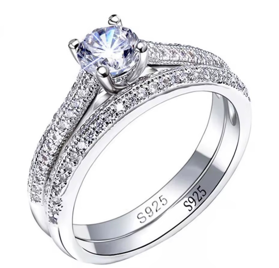 S925 Sterling Silver Round Clear CZ Pave Prong Band Ring 2mm Size 6