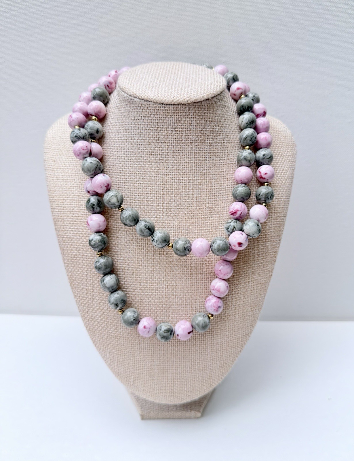 Vintage Monet Pink Gray Marbled Bead Necklace Signed Gold Tone Single Strand