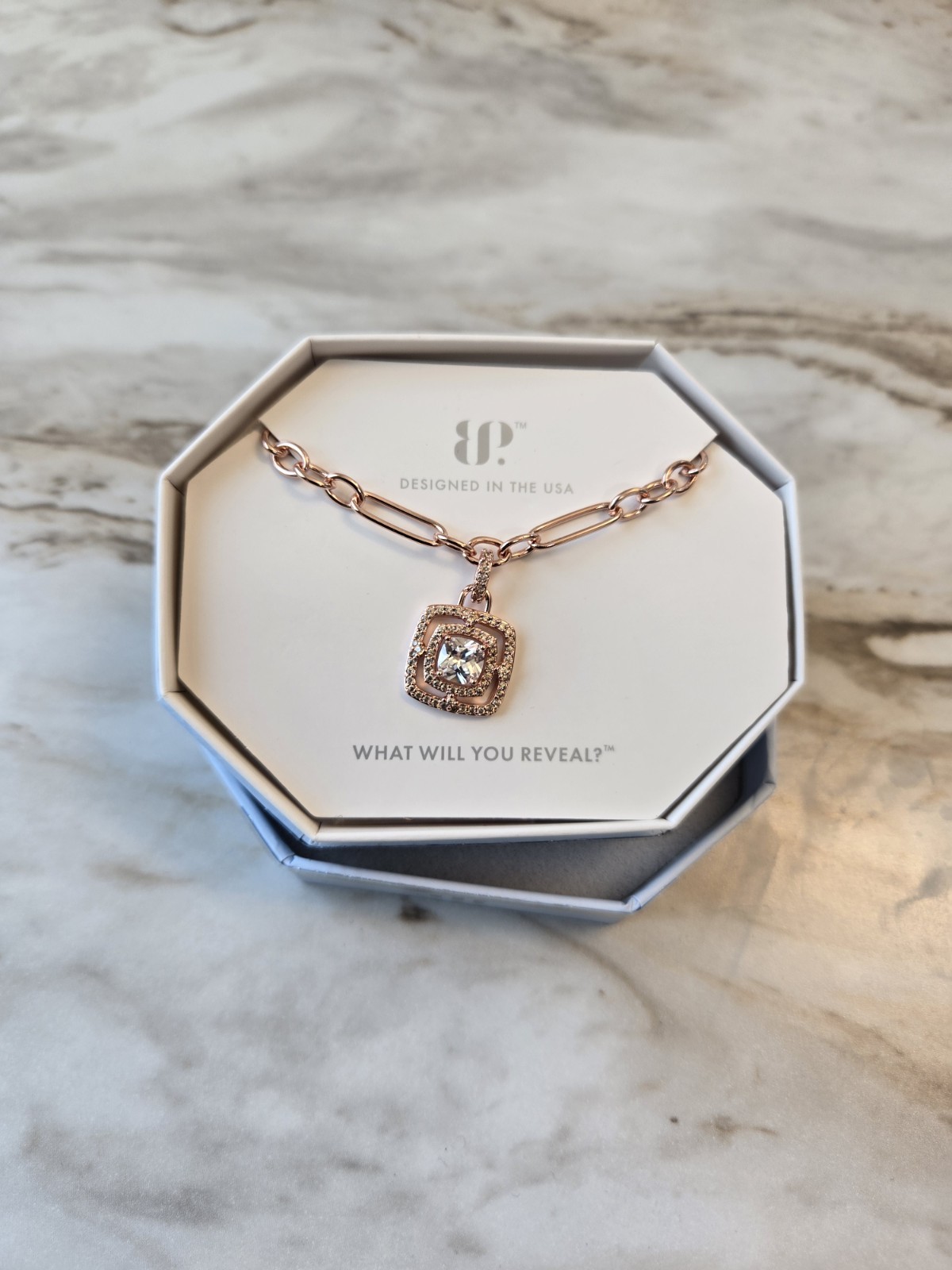 Call It Your Fate BP Necklace. Diamond Cubic Zerconia On Rose Gold Plating. New