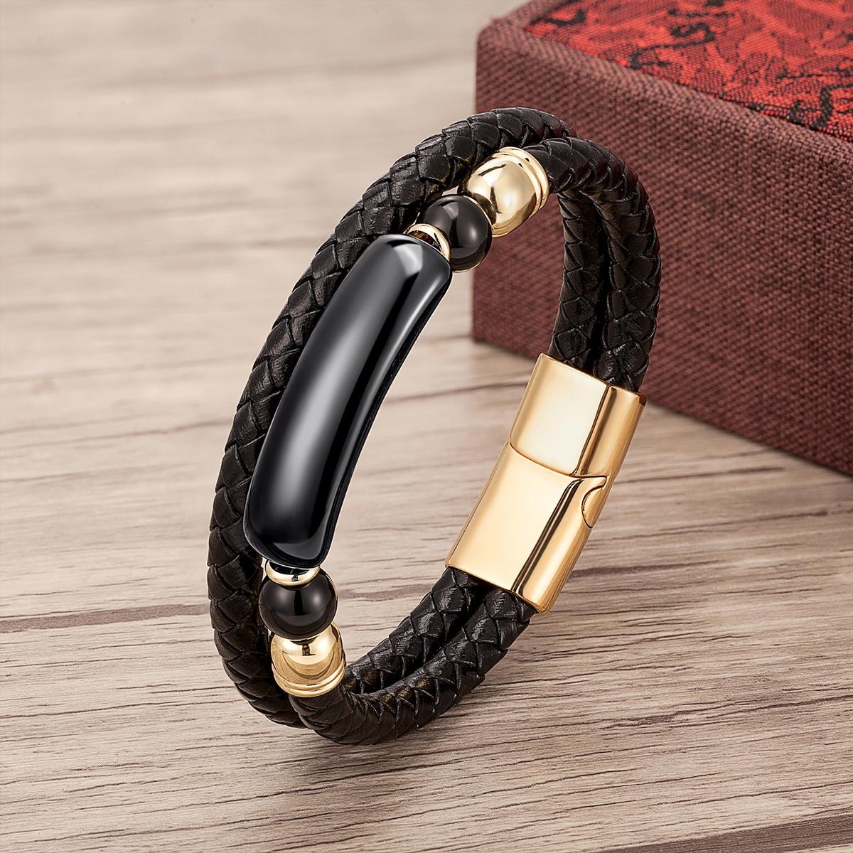Men’s Multi-Layer Leather Bracelet with Natural Stone – Stainless Steel Clasp