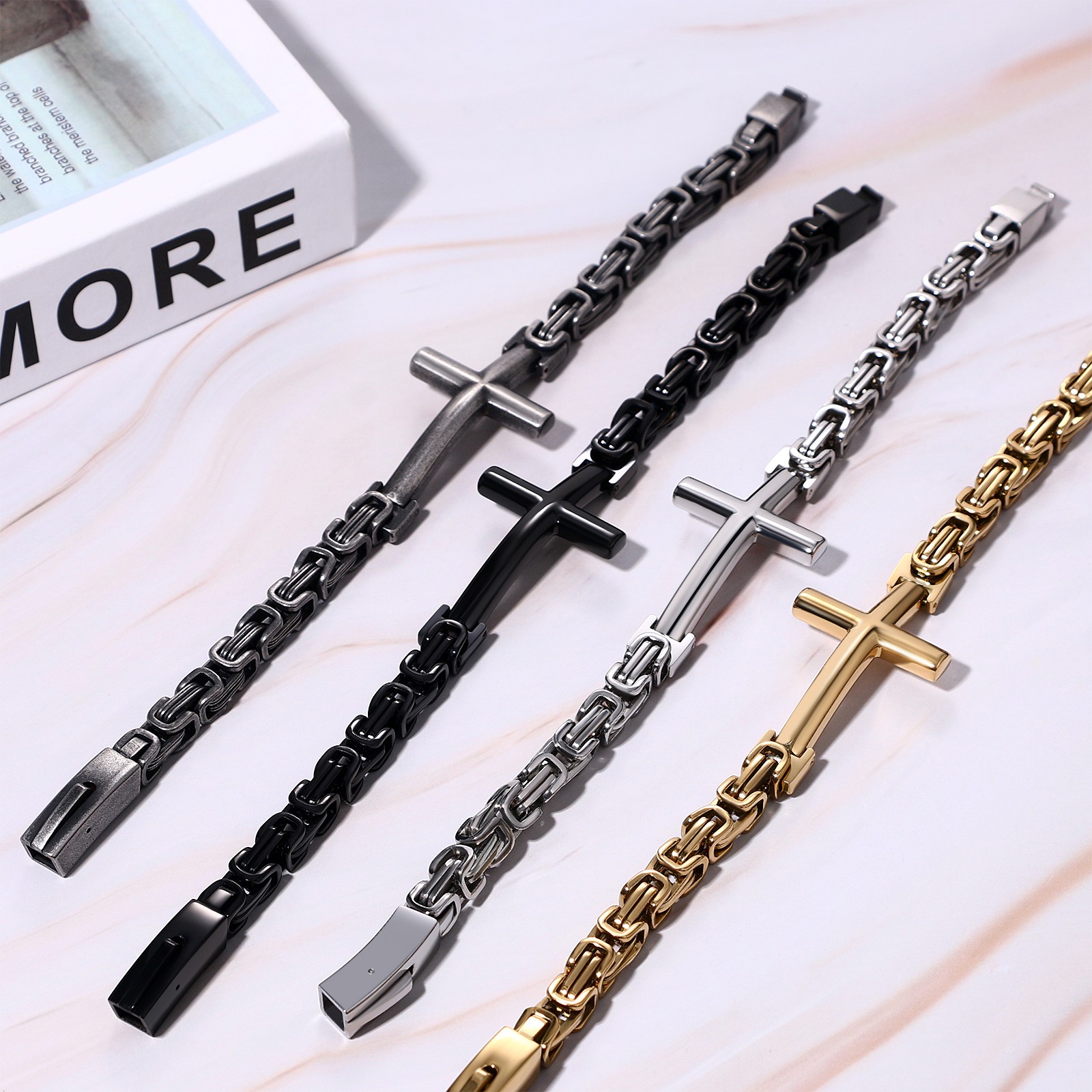 Men’s Religious Cross Bracelet Byzantine Chain Stainless Steel Link Bracelet