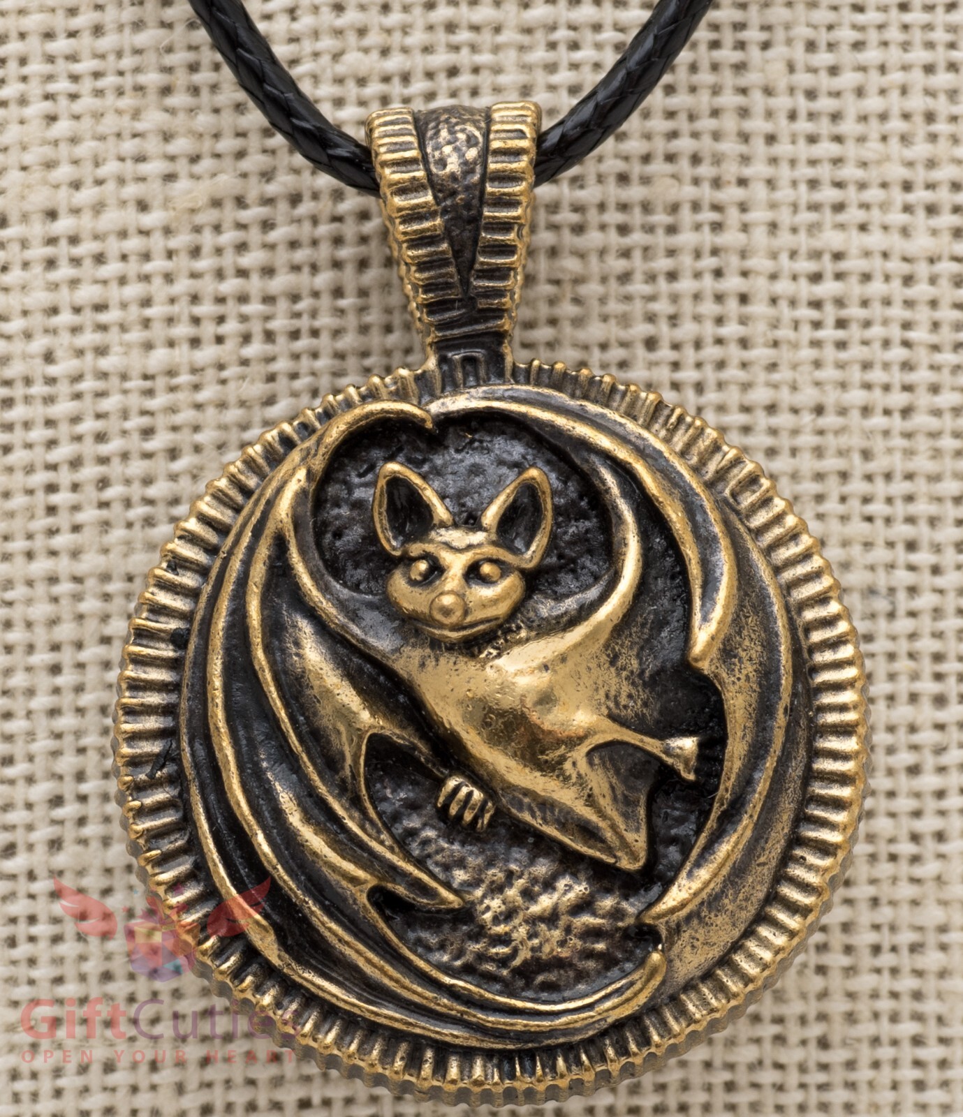 Brass Amber Pendant of flying bat necklace IronWork