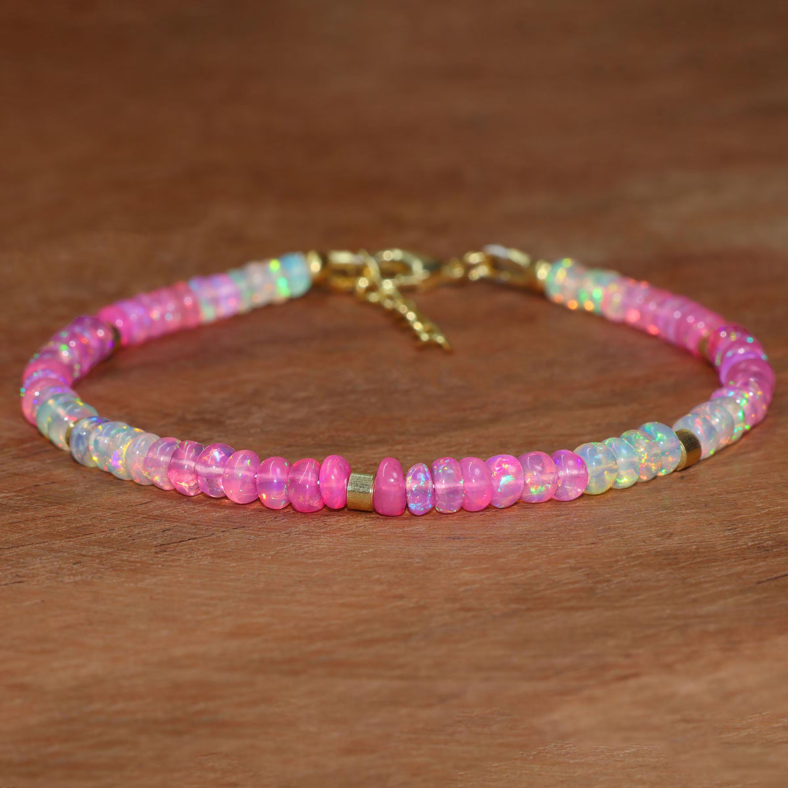 Ethiopian Pink Opal Shaded Beads Silver Bracelet, Opal Smooth Beads Bracelet