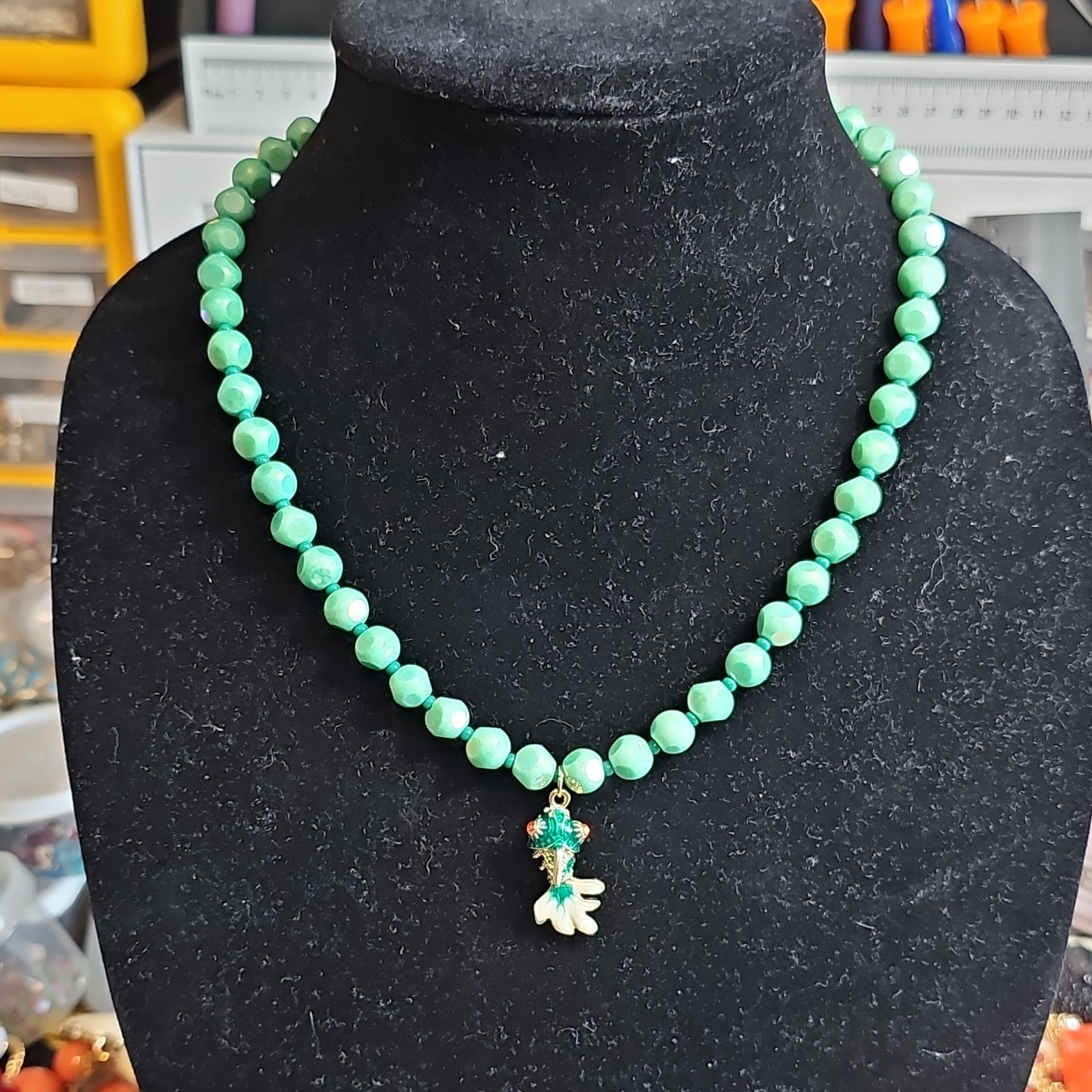 Handcrafted Green Glass Necklace W Enamel Koi Goldfish Charm Lobster Clasp