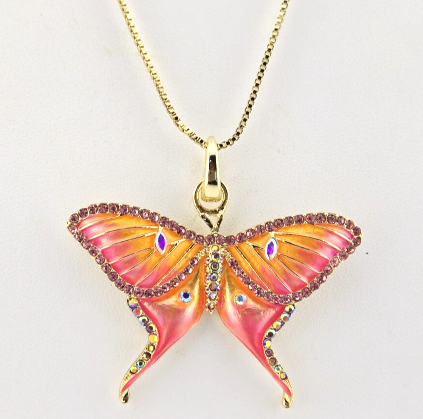 Kirks Folly Fantasia Luna Moth Open Ring Charm on Shimmer Box Chain Goldtone SET