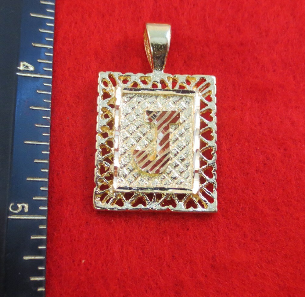 14KT GOLD EP 1 3/8 INCH FRAMED LETTER J LARGE SQUARE DIAMOND CUT INITIAL CHARM