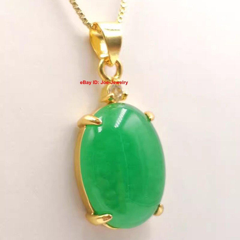 Yellow Plated Alloy Heated Oval Green Jade Pendant Vintage Chinese Style 33mm H