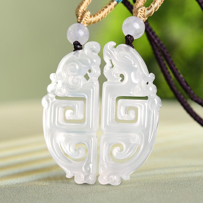 Certified 1 Pair Real Grade A Natural White chalcedony Men Women Dragon Pendant
