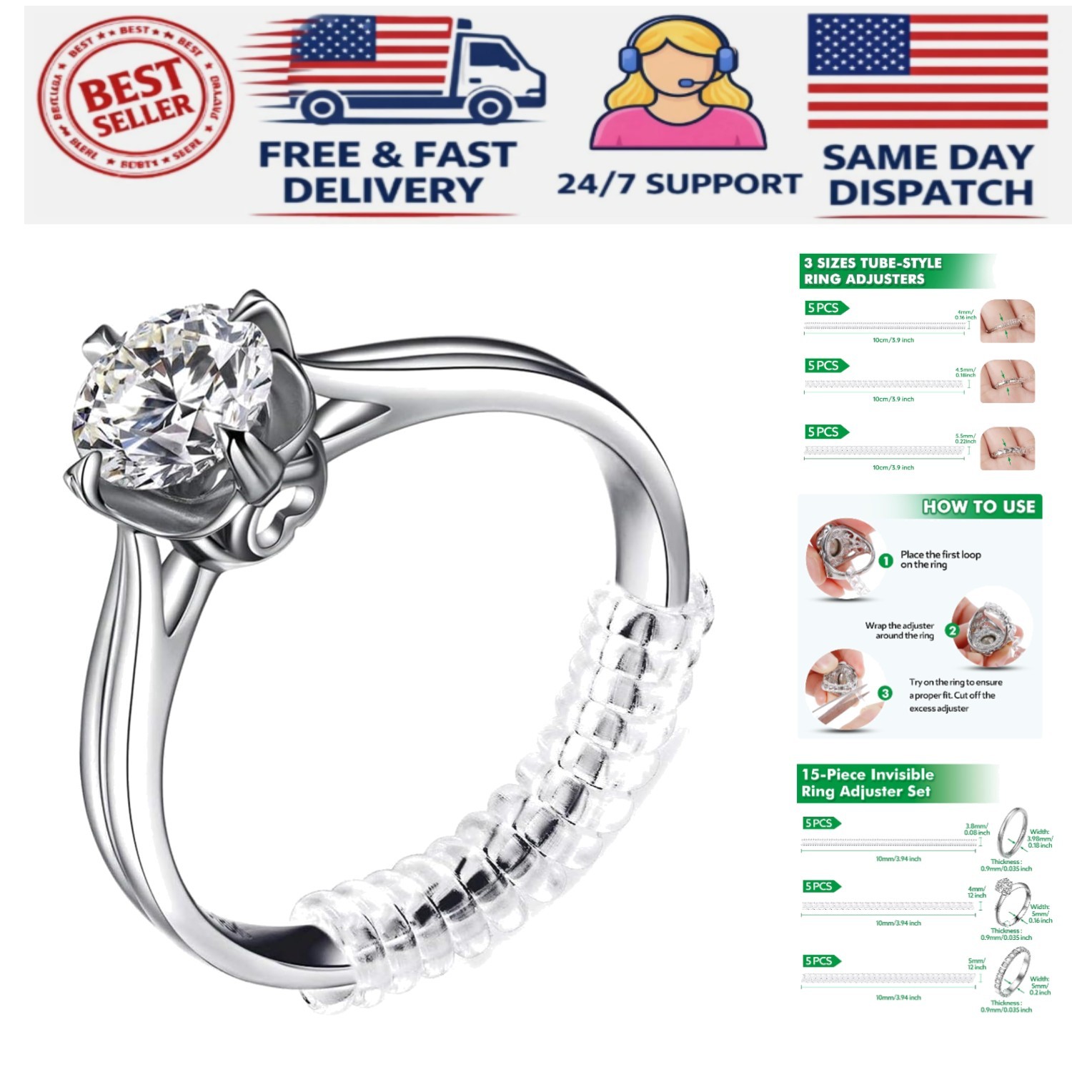 Universal Ring Size Adjusters – 15-Pack Invisible Tighteners for Loose Rings