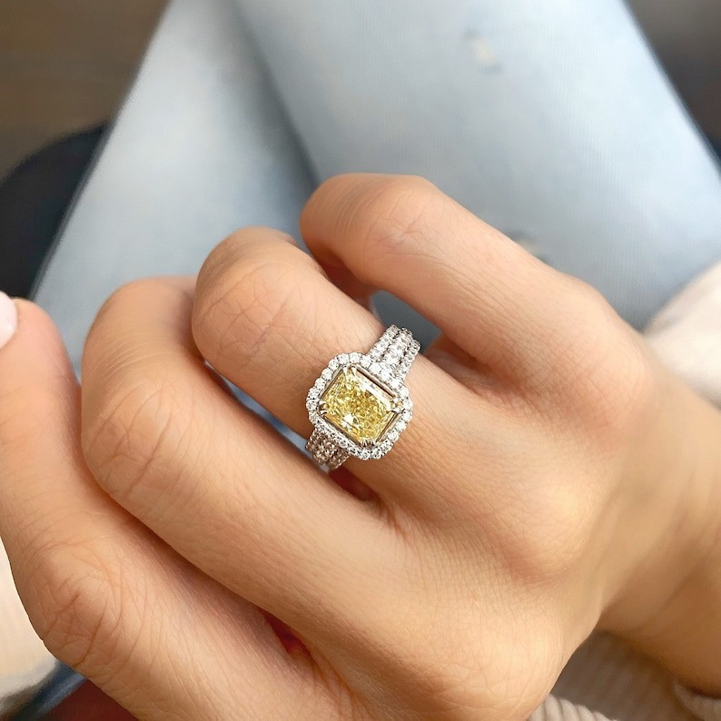 Fancy Yellow 3 Rows Shank Diamond Ring Radiant Cut CZ Diamond Engagement Ring