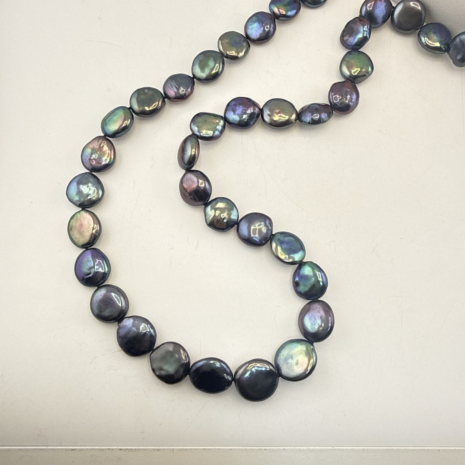 Honora Pearl Necklace Oil Slick Peacock Blue Purple Coin 36″ Chunky Modern