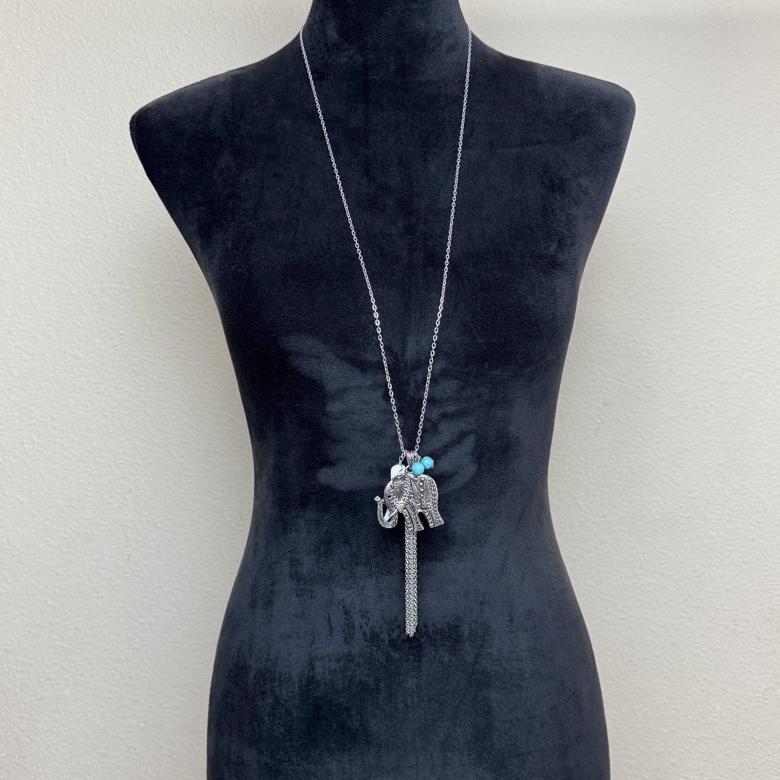 Silver Tone Elephant Tassel Pendant Necklace 36 In Womens Turquoise Boho Jewelry