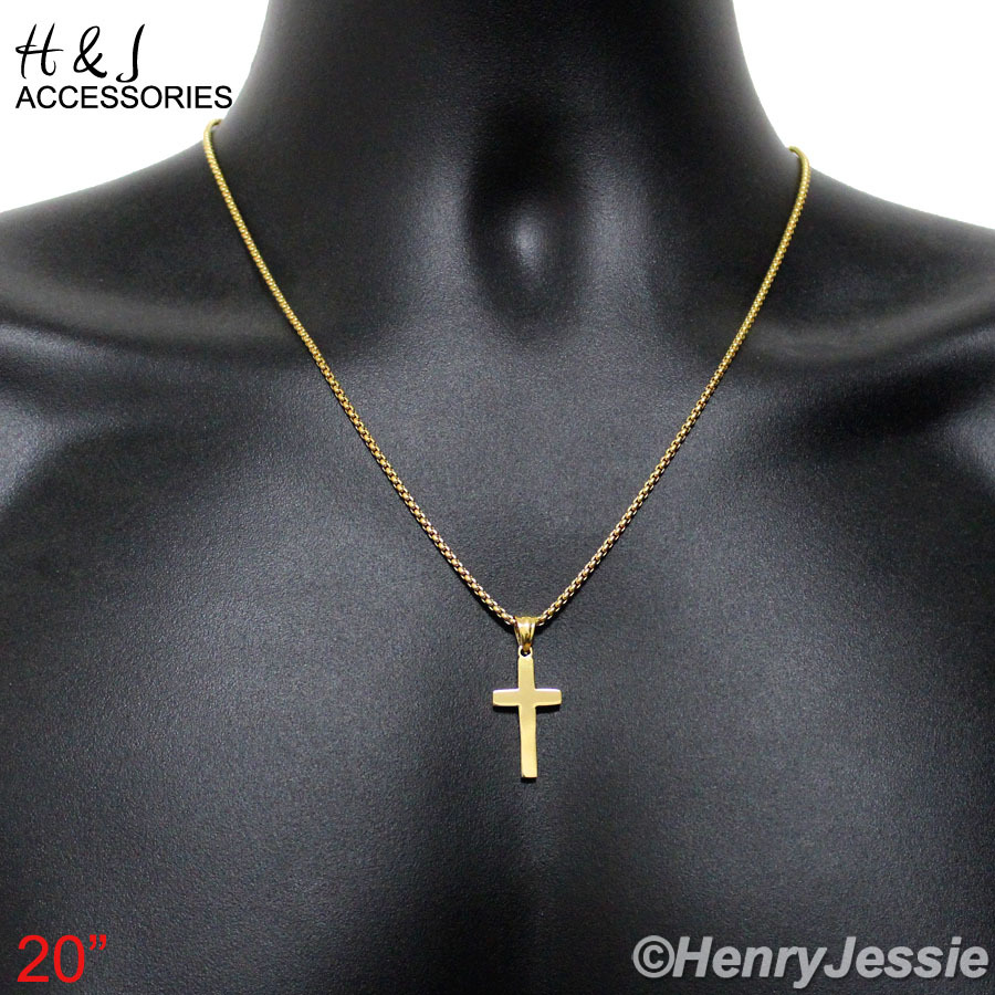 20″Stainless Steel 1.5mm Gold Plated Box Link Chain Simple Cross Pendant*GP67
