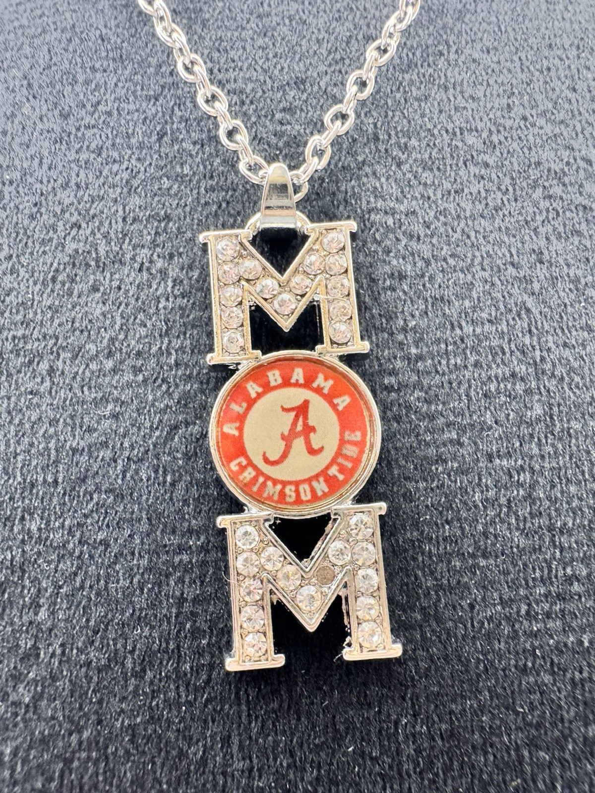 Alabama Crimson Tide Mom Necklace Rhinestone Pendant Silver Tone College