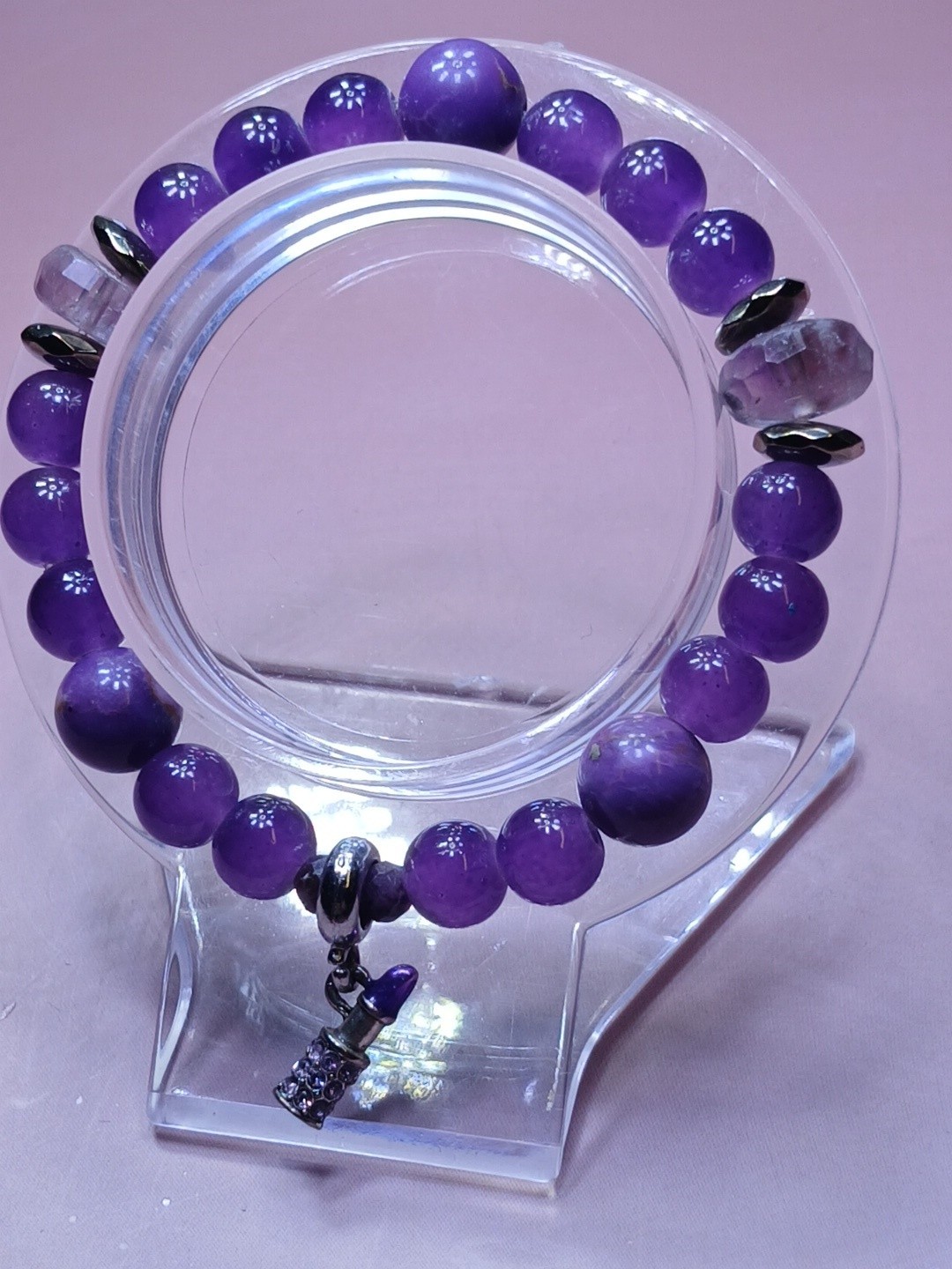Natural Stone And Glass Beaded Bracelet With Lipstick Pendant