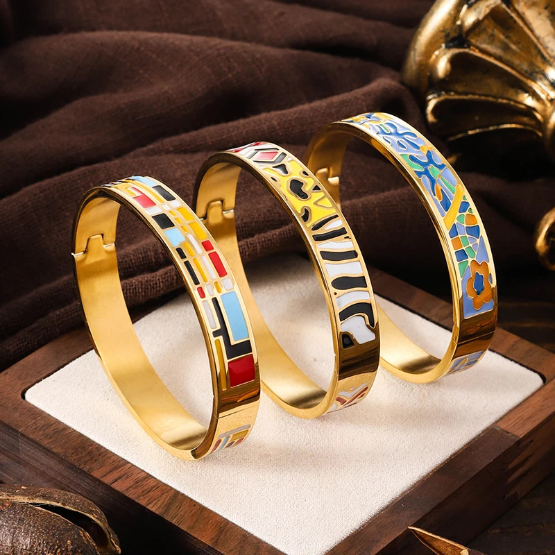 Stainless Steel Enamel Cuff Bangle Women Gold Tone Geometric Round Jewelry