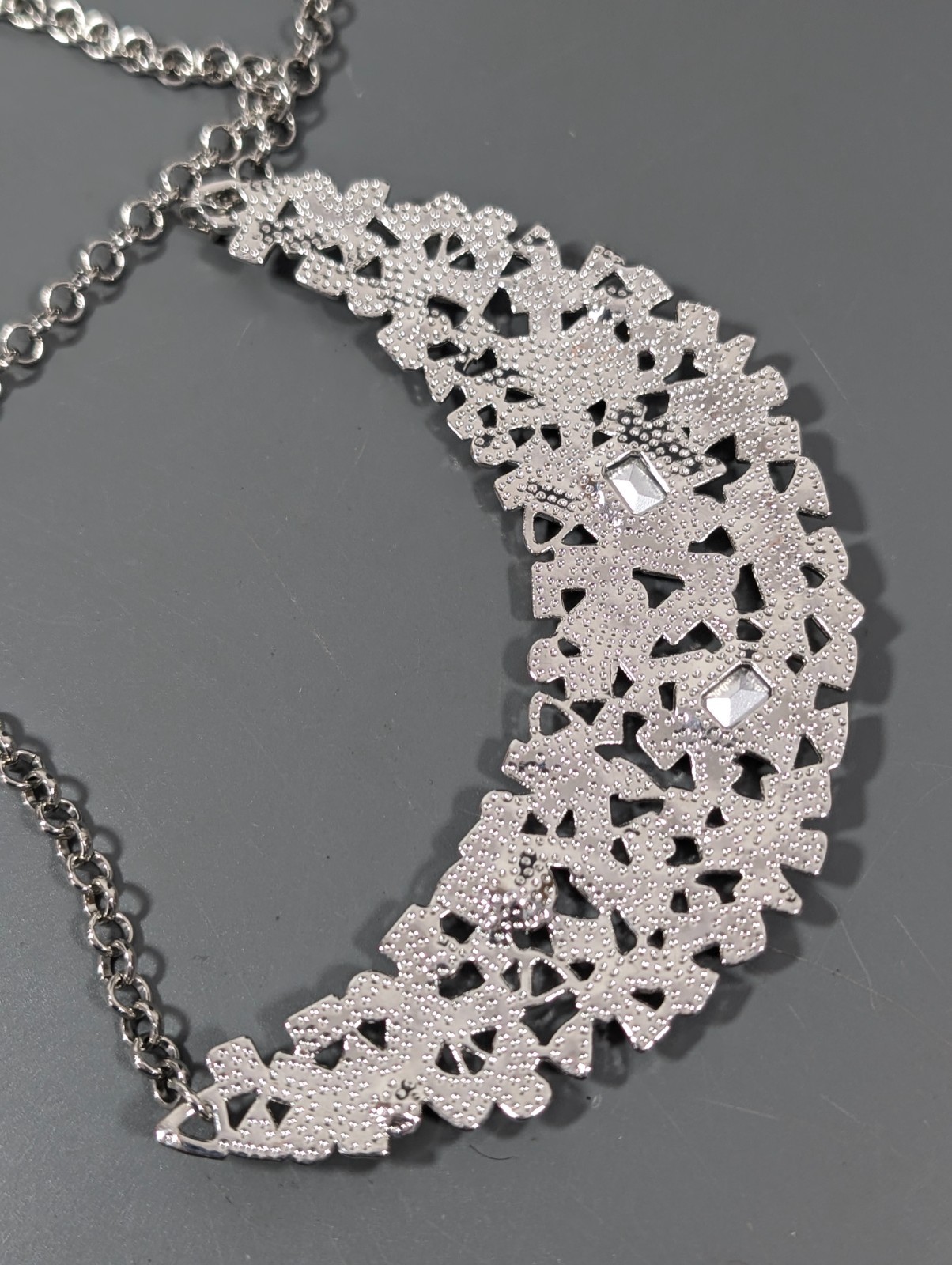 Silver Tone Multicolor Crystal Bib Necklace Modern Statement Jewelry 21 in Glam