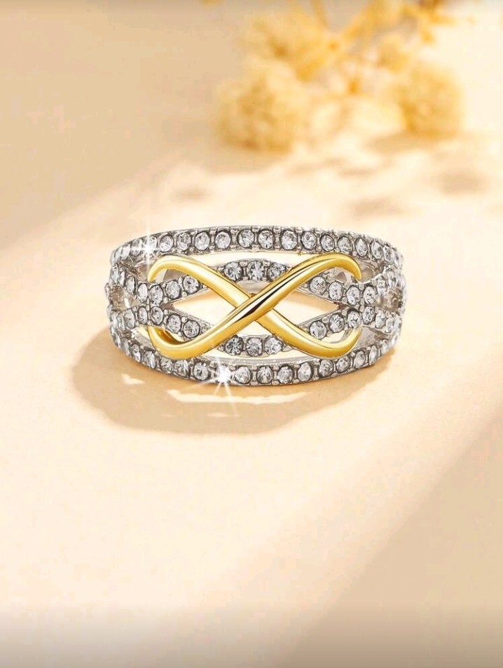 Silver-Plated Zinc Ring Size 5 Gold Infinity Design With White/Colorless Inlay