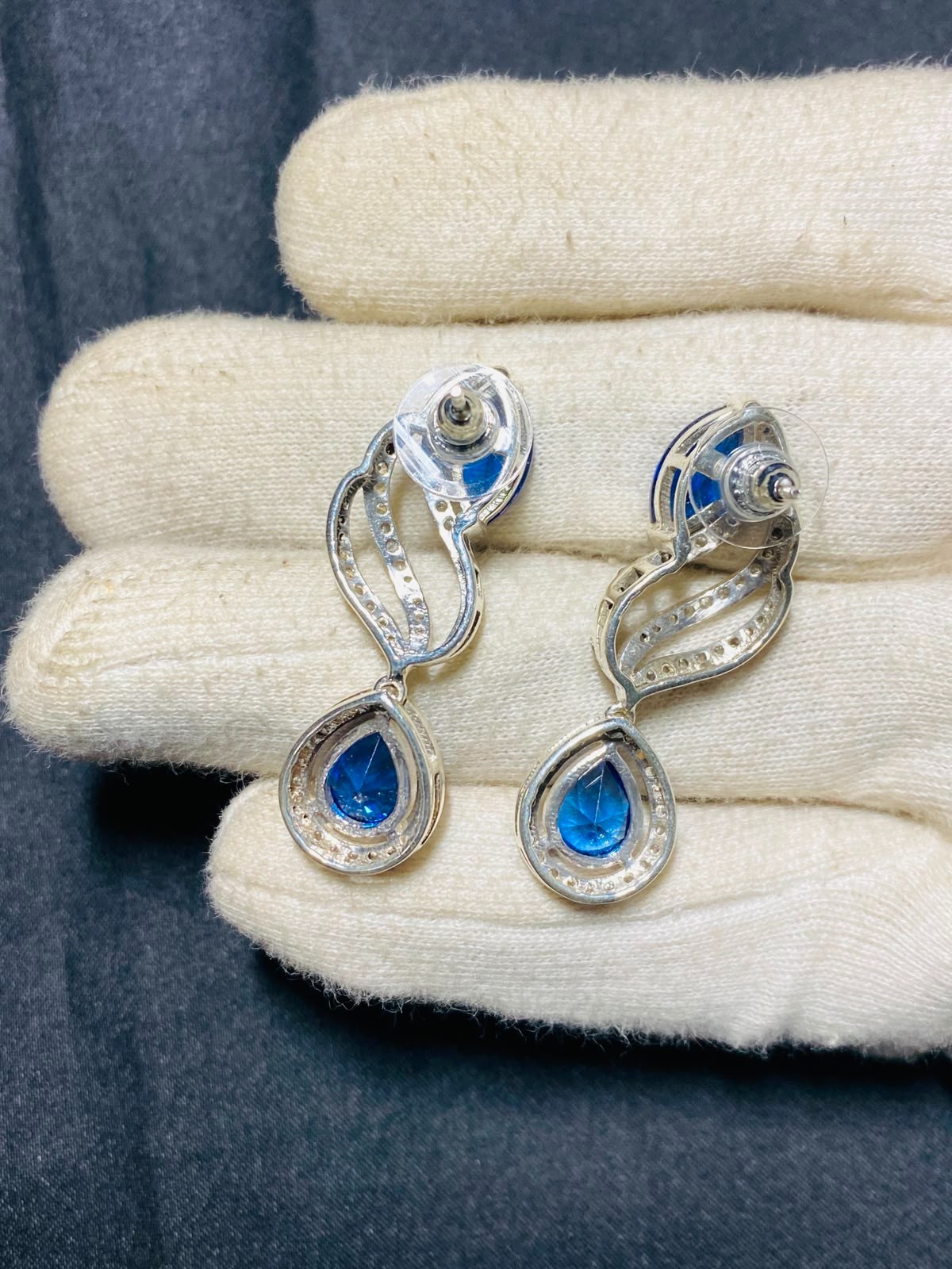 Lab Blue Sapphire Drop Dangle Earrings Silver CZ Halo Wedding Gift for Women 3.5